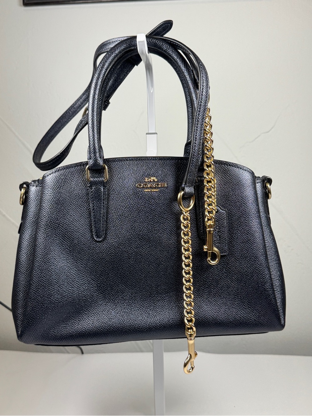 Coach Black Leather Satchel with Gold Chain Strap